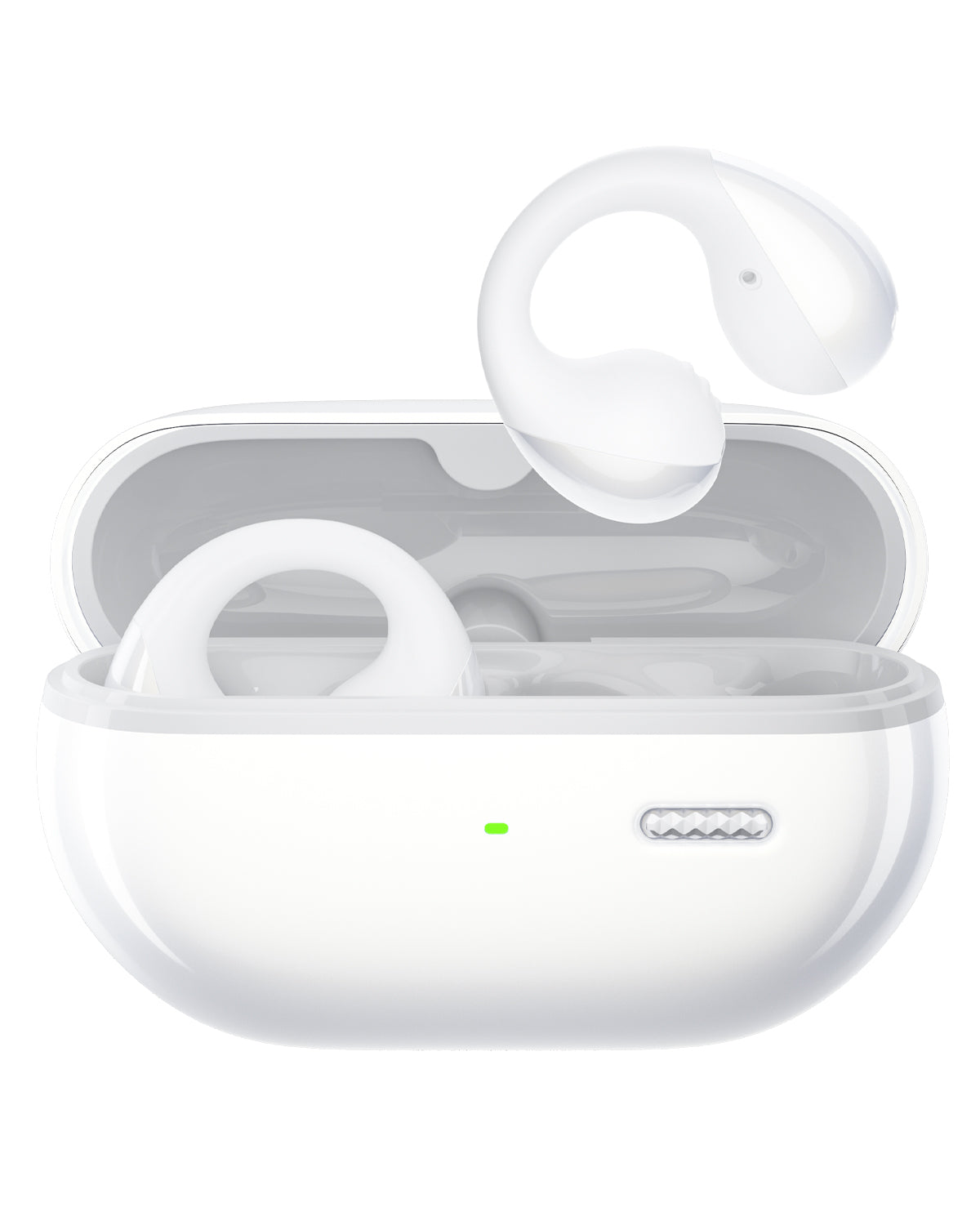 White wireless earbuds with charging case