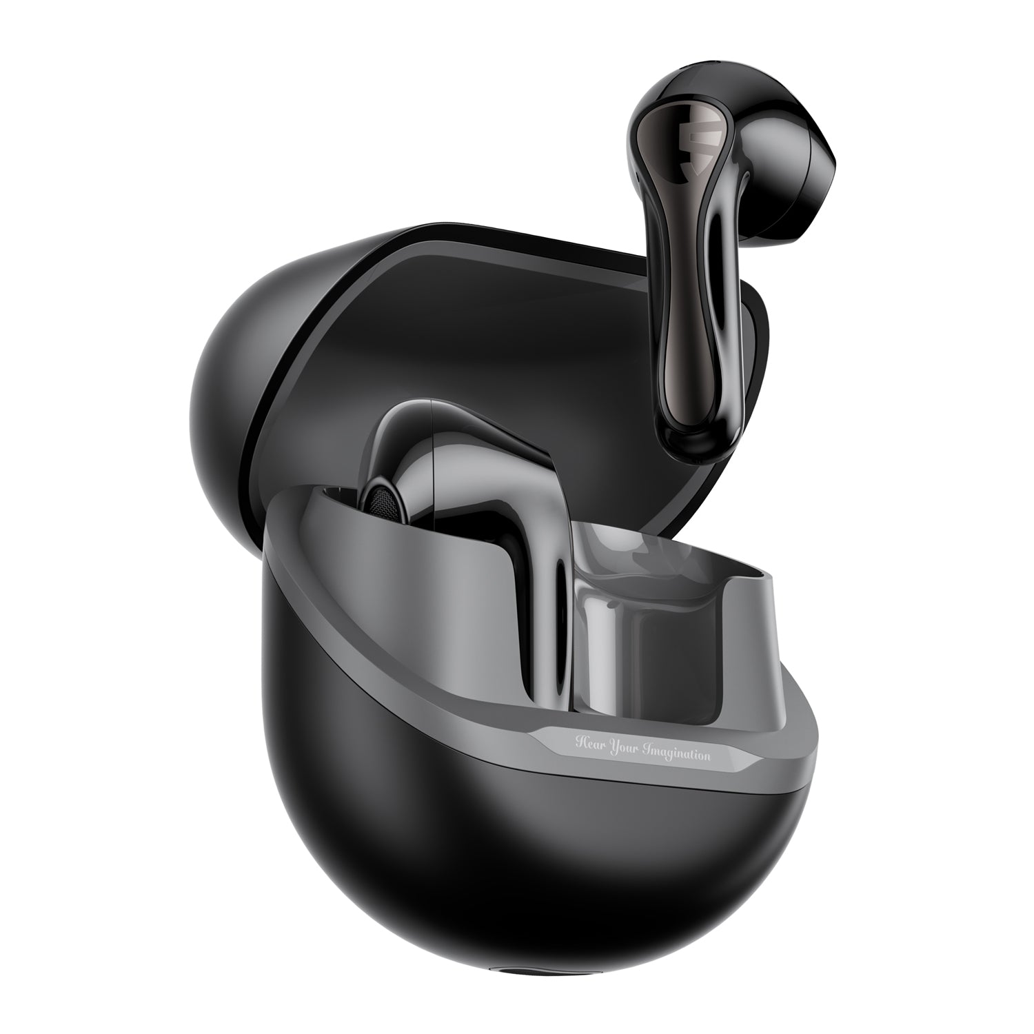 Black wireless earbuds with charging case