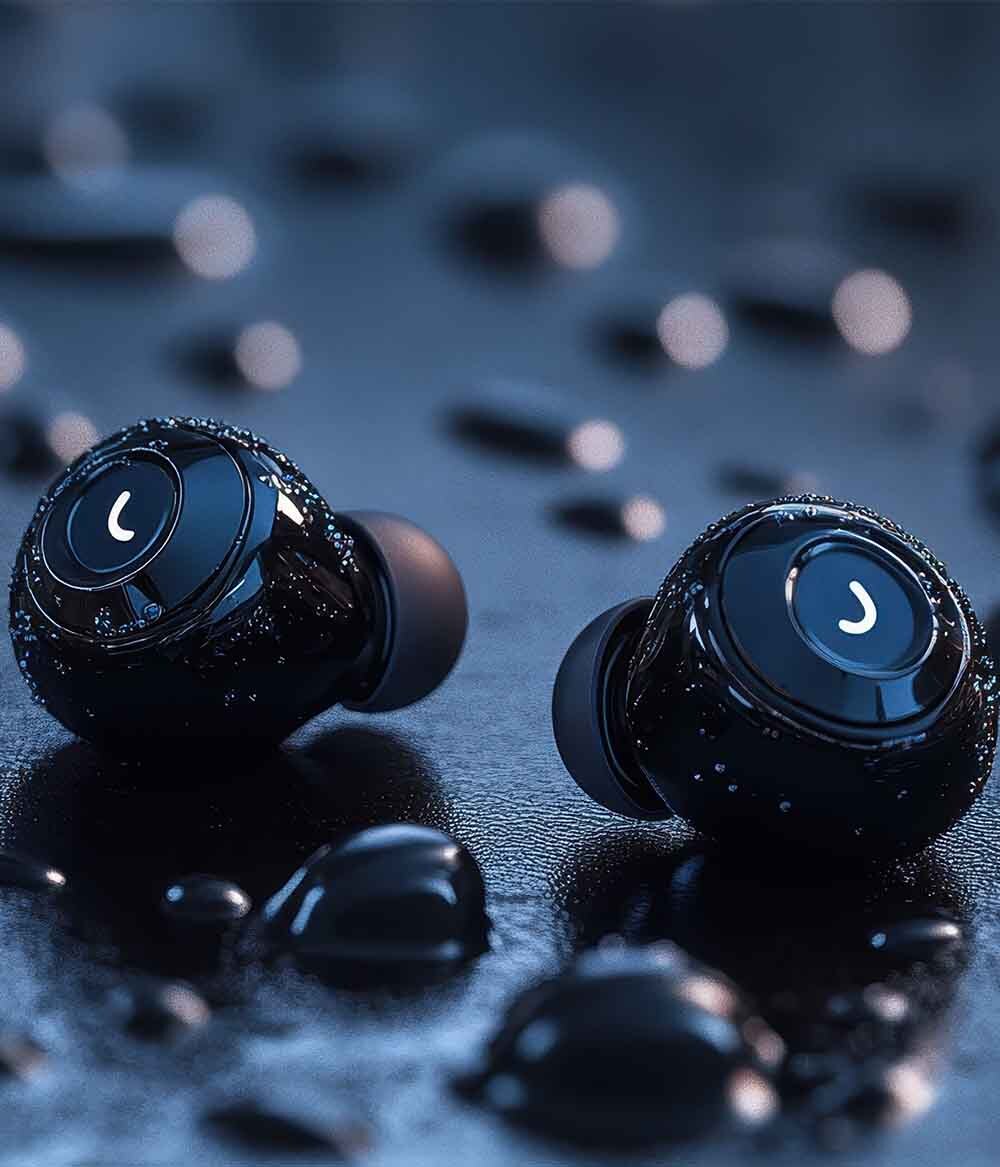 black wireless earbuds