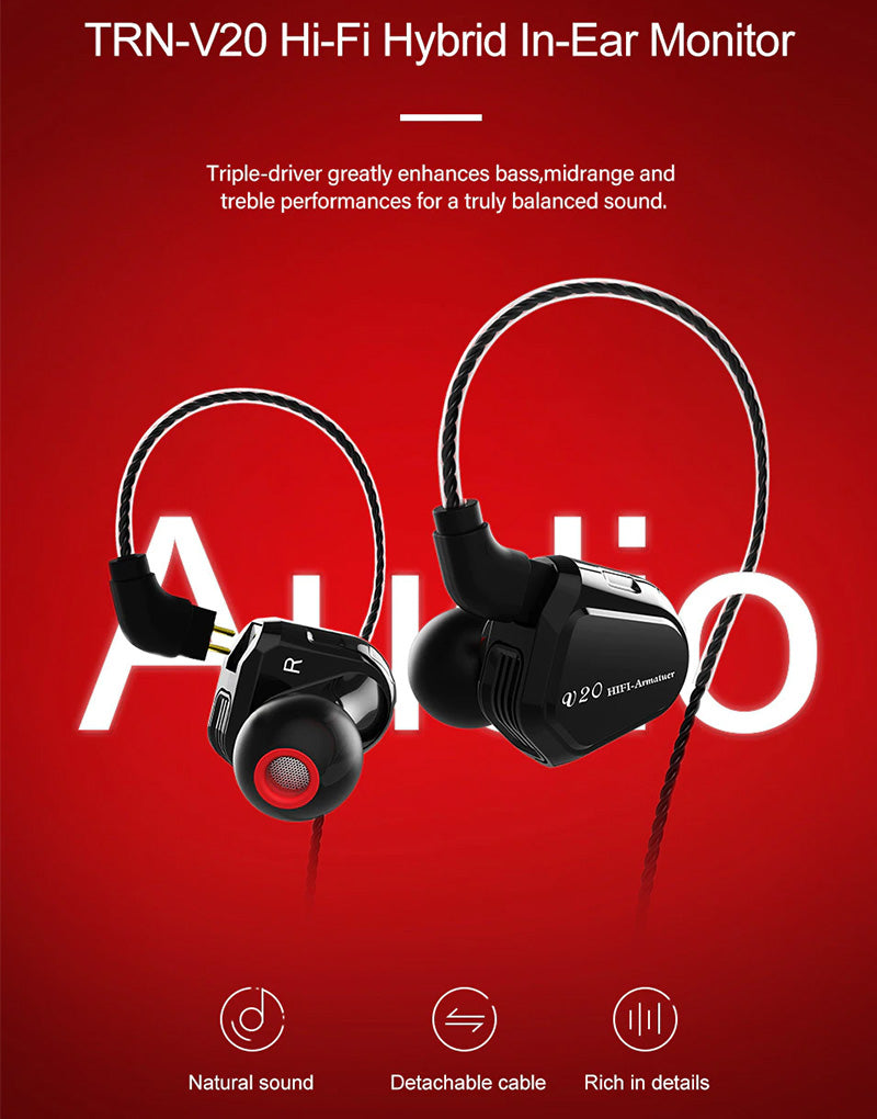 TRN V20 RED In Ear Monitors With Mic image 1