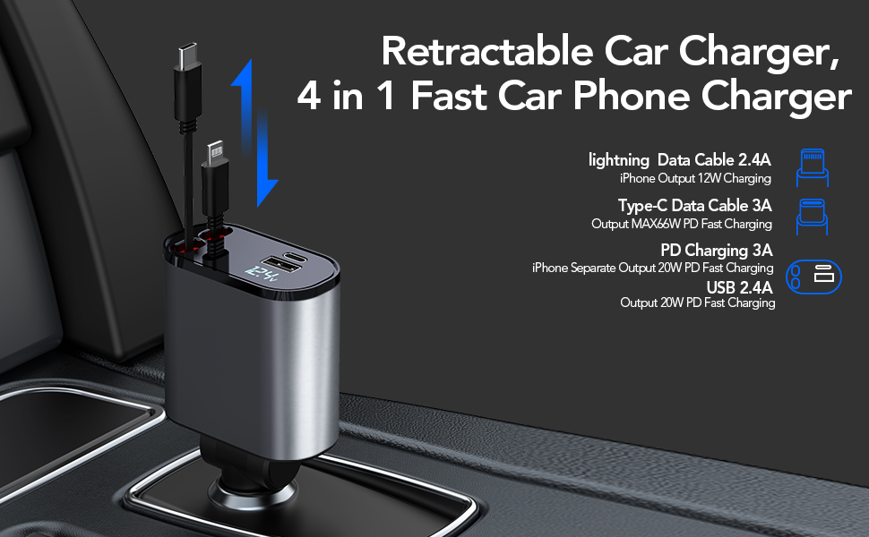 Retractable Car Charger 4 in 1 2
